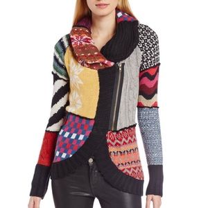 Desigual Colorblock Pattern Zip Graphic Art to Wear Sweater